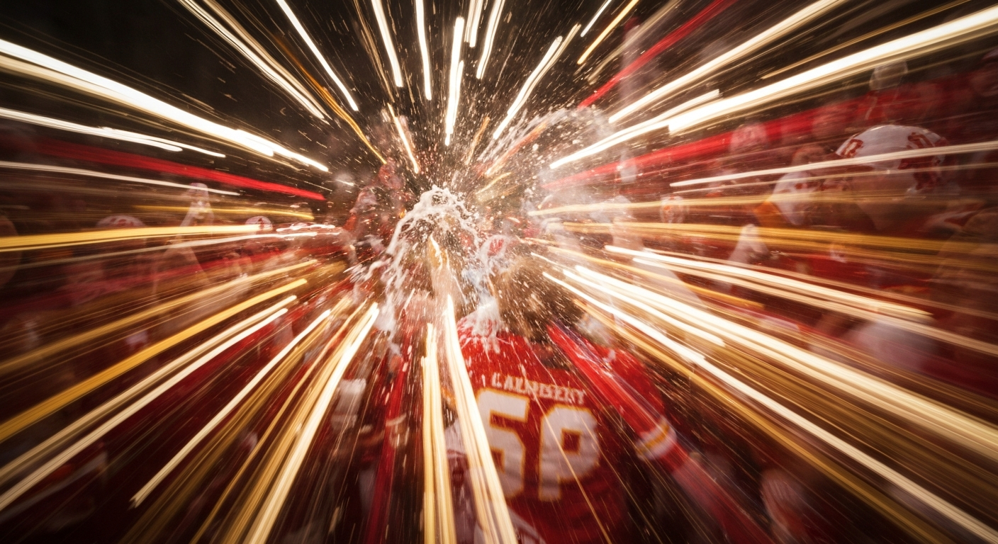 An abstract, sweeping image of a champagne-soaked celebration, with vibrant streaks of color and a sense of motion and energy, capturing the excitement and unity of the Kansas City Chiefs' iconic tradition.