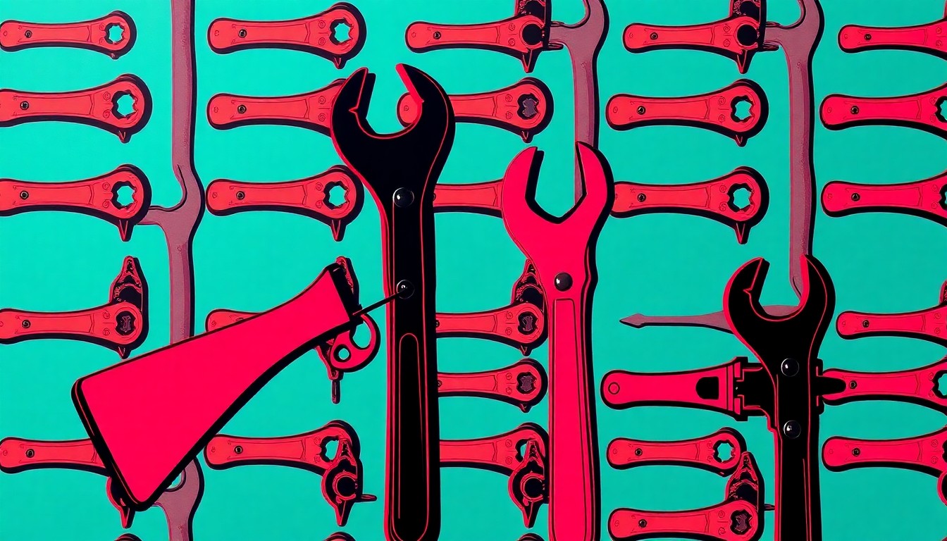 A brightly colored, high-contrast silkscreen print of a single, iconic gunsmithing tool repeated in a tight grid pattern, conceptually representing the college's focus on hands-on technical skills in the firearms industry.