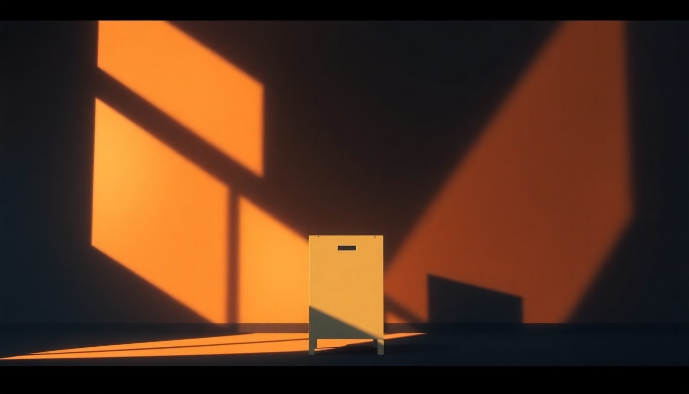 A warm, cinematic painting depicting a solitary ballot box or voting booth set against a dimly lit urban backdrop, with soft diagonal sunlight casting deep shadows across the scene, conveying a sense of quiet contemplation around the city's electoral future.