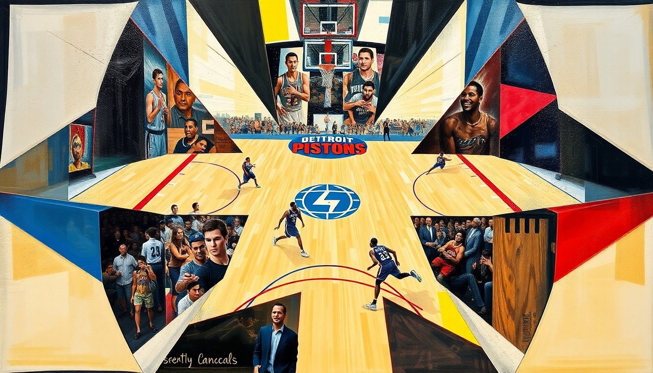 A cubist, geometric painting depicting a basketball game, with players and the court broken down into overlapping angular shapes and planes in vibrant colors.