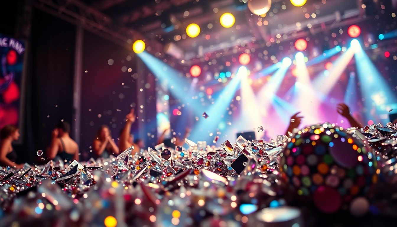 An extreme close-up photograph of sparkling sequins and shattered glass, creating a high-contrast, abstract texture that evokes the glamour and excitement of a major music festival.