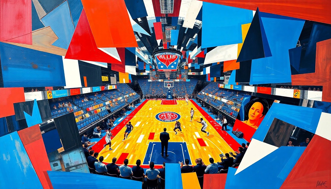 A fractured, cubist-style painting depicting a basketball game between the Detroit Pistons and Orlando Magic, with the players and court broken down into sharp, overlapping geometric shapes and planes in a dynamic, kinetic composition.