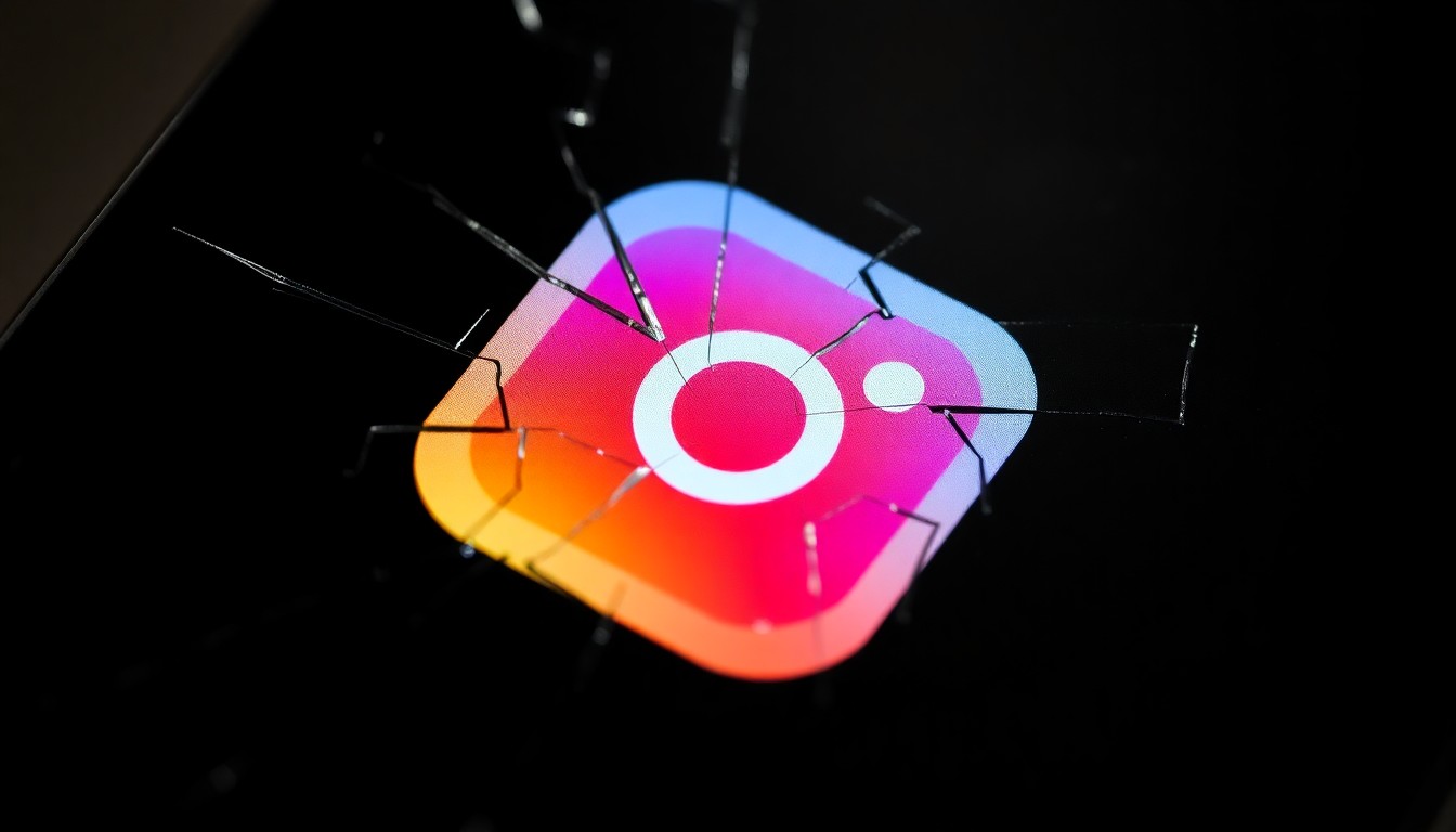 An extreme close-up photograph of a cracked smartphone screen, reflecting a distorted image of the Instagram app icon in harsh, direct lighting, conveying the unsettling nature of online harassment.