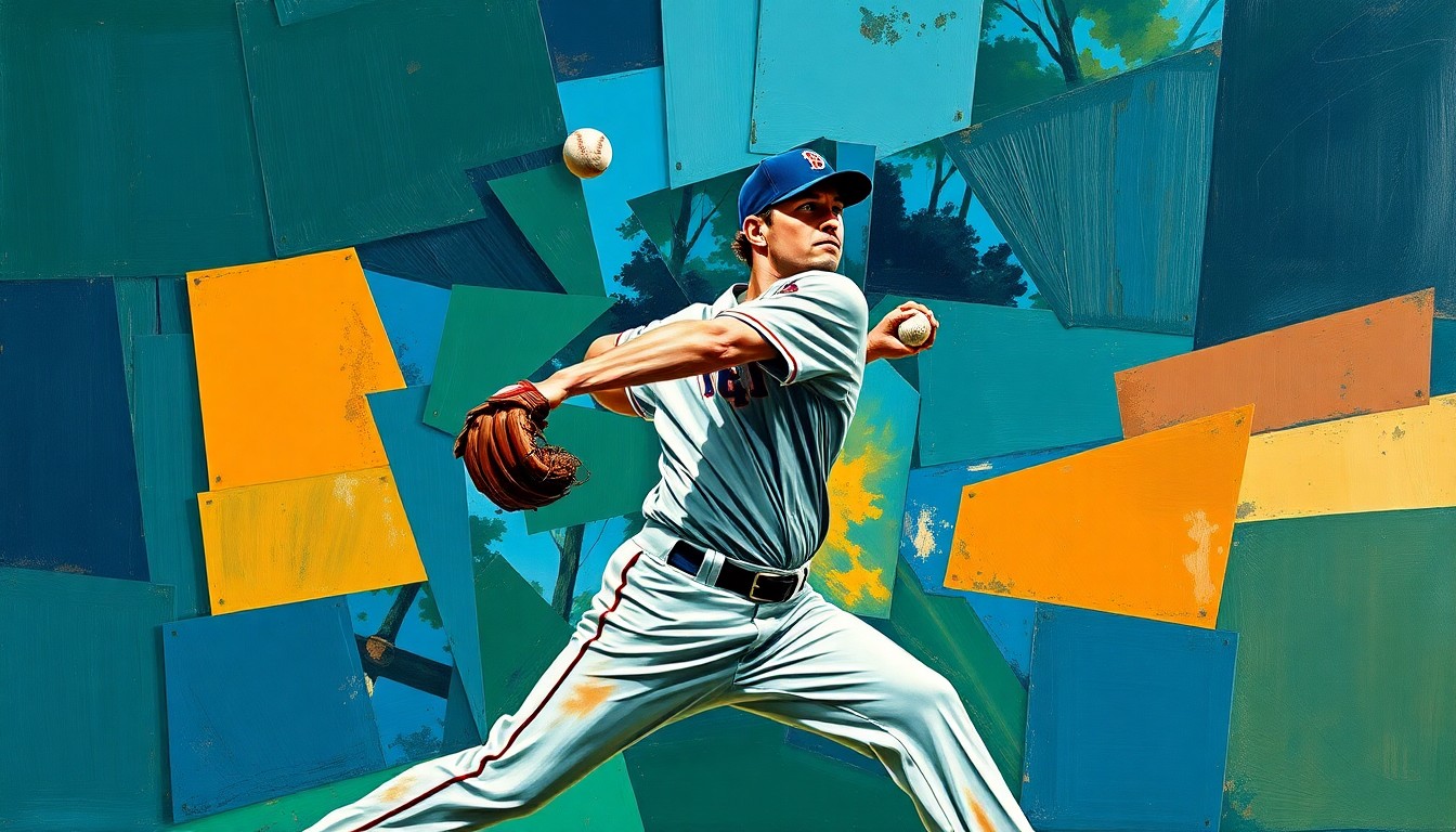A fragmented, geometric painting depicting a baseball pitcher in mid-throw, with sharp planes of navy, green, and orange overlapping to create a dynamic, abstract representation of the sport.