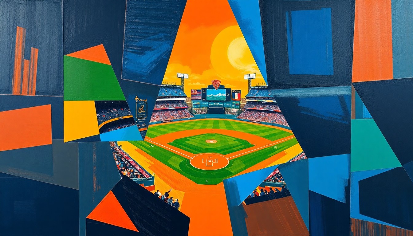 A cubist-style painting featuring sharp, overlapping geometric shapes in vibrant colors like navy, orange, and blue, conceptually representing the back-and-forth action of a high-intensity baseball game.