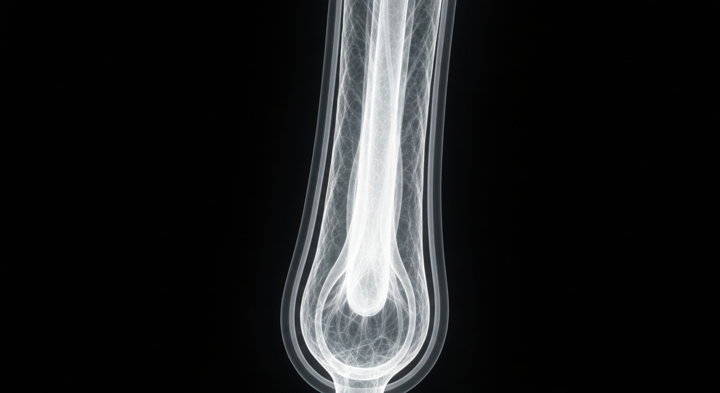 A highly detailed, translucent X-ray photograph showing the internal structure of a human hair follicle, appearing dormant and inactive against a dark background. The ghostly, glowing image conveys the scientific approach Pelage Pharmaceuticals is taking to address hair loss.