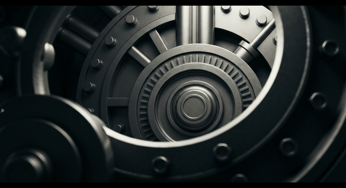 A cinematic close-up of the heavy, industrial machinery and components that make up the inner workings of a bank vault, conveying a sense of security and the tangible nature of institutional finance.