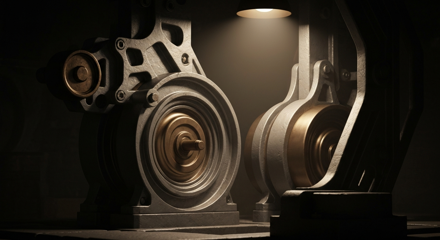 An extreme close-up of various metal gears, levers, and machinery in shades of grey, bronze, and black, conveying the heavy, industrial nature of the financial sector.