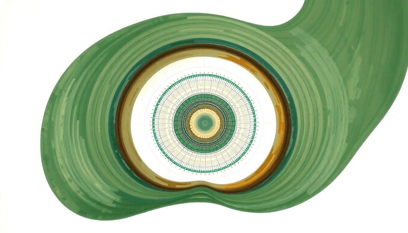 A highly textured, abstract painting in muted earth tones depicting sweeping geometric shapes, concentric circles, and precise botanical spirals, conceptually representing the weakening neural connectivity in the prefrontal cortex of young adults who rely heavily on AI language models.