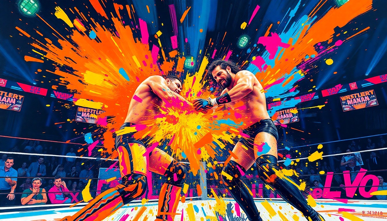 An abstract, expressionist painting in vibrant neon colors depicting the high-energy collision between two wrestling figures, their forms dissolving into unrecognizable splatters of paint, capturing the raw emotion and intensity of the moment.