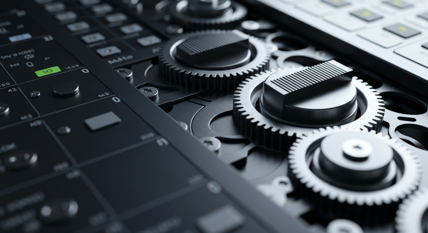 A highly detailed, cinematic close-up image of the internal components and gears of a stock trading terminal, representing the complex financial systems and infrastructure underlying Biohaven's business operations.