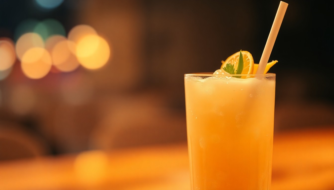 An extremely abstracted, out-of-focus photograph in soft pools of warm color and light, depicting the blurred silhouette of a festive frozen cocktail with a straw and garnish.