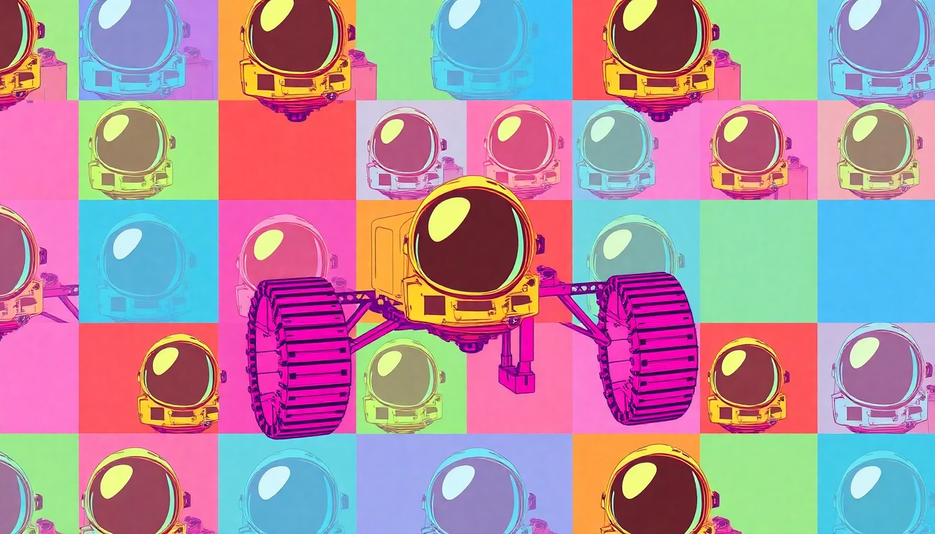 A brightly colored, high-contrast silkscreen print of a single, iconic space exploration object like a rover or satellite repeated in a tight grid pattern, conceptually representing the hands-on, technology-driven curriculum of the Mission Moon STEM program.