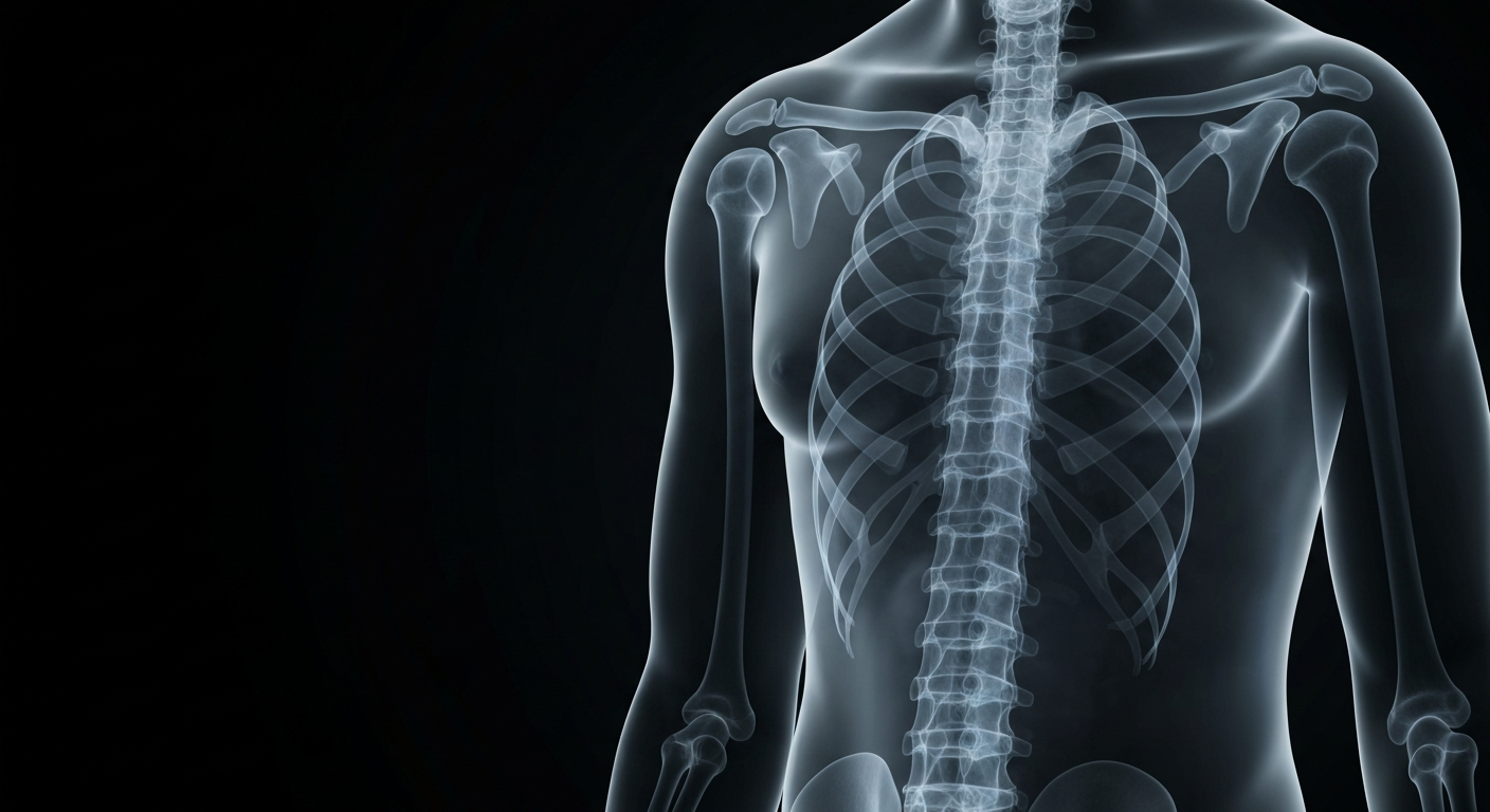 A ghostly, translucent X-ray image revealing the intricate internal structures of the human torso, conceptually representing the complex challenges faced by breast cancer survivors after mastectomy surgery.