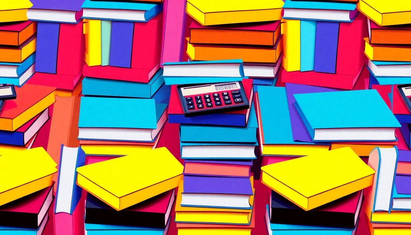 A colorful, abstracted grid of school supplies like textbooks and calculators, representing the financial oversight of public education budgets.