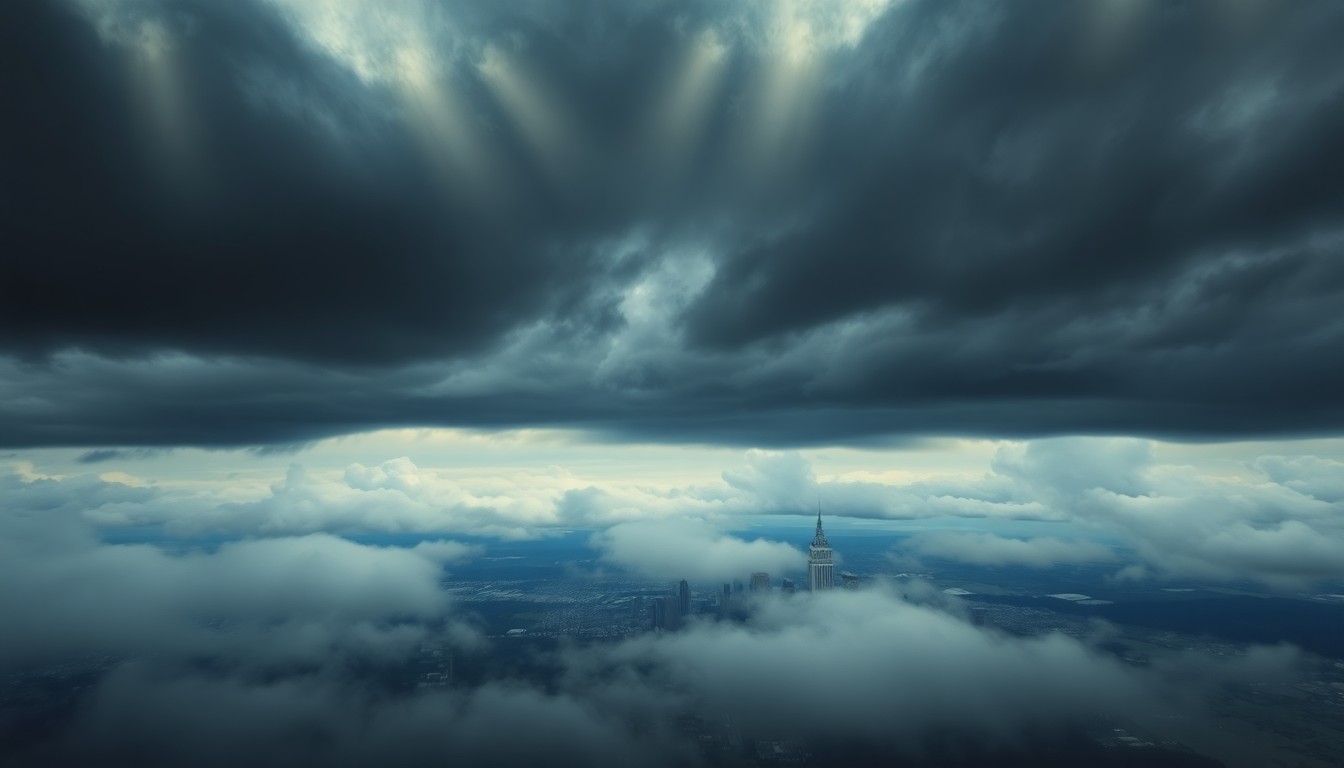 A sweeping, moody landscape painting in muted blues and grays, with the silhouettes of Tallahassee's buildings and landmarks barely visible through heavy cloud cover, conveying the sense of scale and power of the approaching weather system.