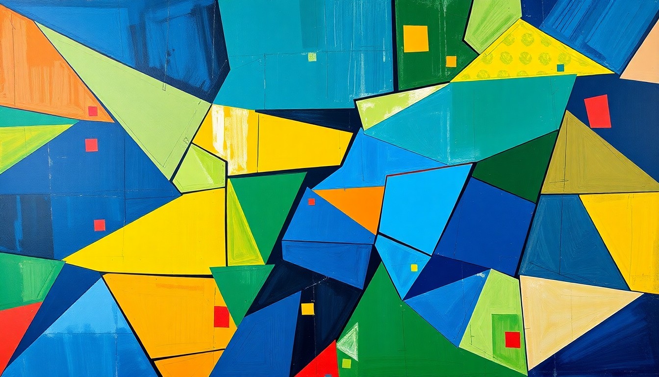 A fractured, geometric painting in vibrant blues, greens, yellows, and reds, breaking down the concept of financial transactions and banking codes into sharp, overlapping planes, conveying the intricate nature of the banking system.