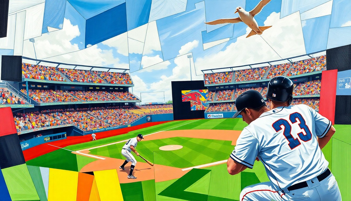 A fractured, geometric painting depicting baseball players in motion, with the Loons and Dragons uniforms represented through vibrant, overlapping shapes and planes.