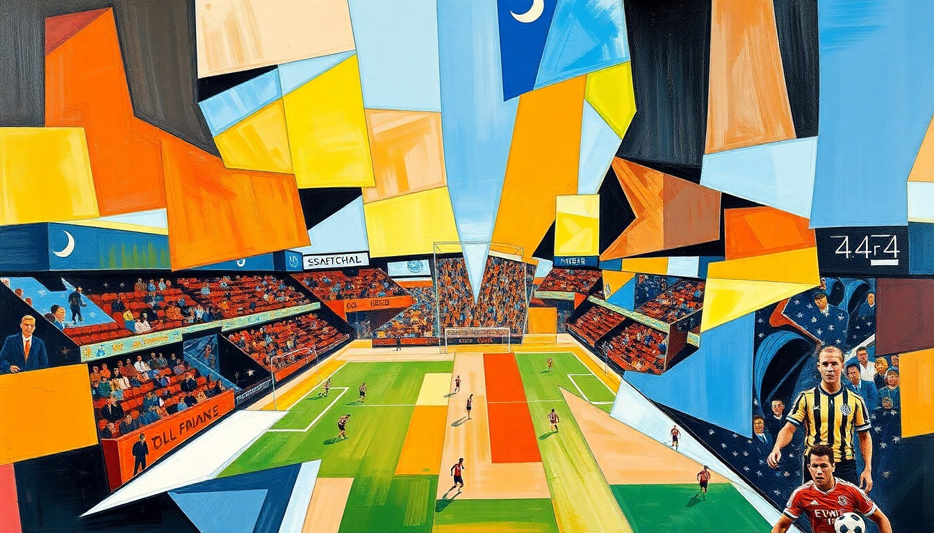 A fragmented, geometric painting depicting a soccer match, with players and the field broken down into sharp, overlapping shapes and planes of color, capturing the dynamic action and tension of the game.