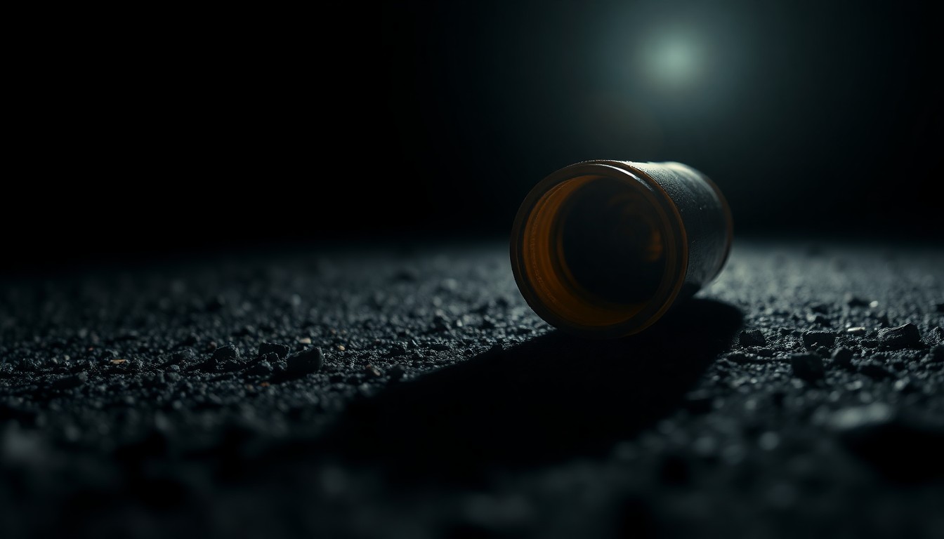 An extreme close-up photograph of a spent shell casing on a dark, gritty surface, lit by a harsh, direct camera flash, conceptually representing the aftermath of a shooting incident.