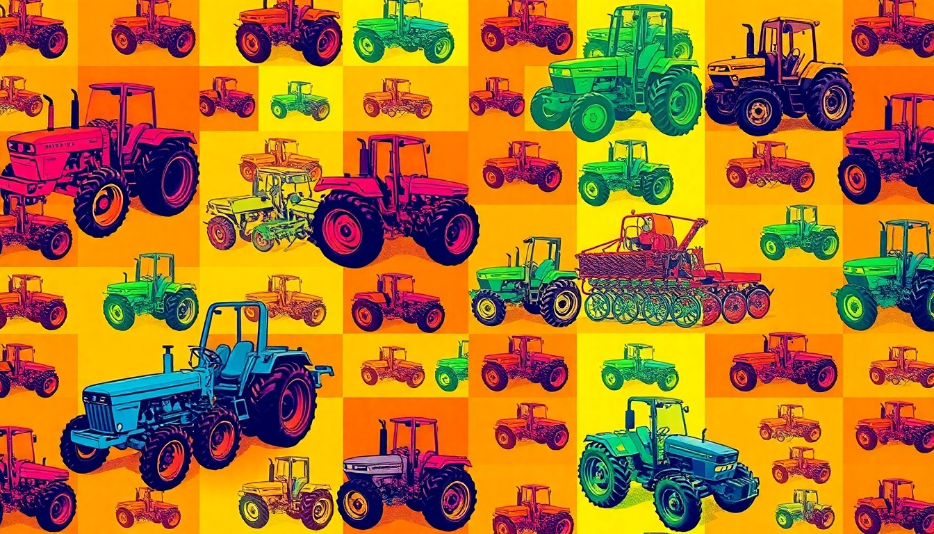 A brightly colored, high-contrast silkscreen print of a farm tractor repeated in a tight grid pattern, using vibrant neon colors and heavy black outlines to transform the everyday machinery into a modern pop art piece.