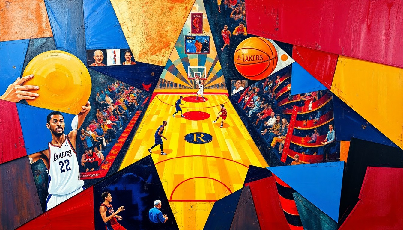 A fractured, multi-perspective painting depicting a basketball game, with sharp geometric shapes and planes in vibrant colors representing the action on the court.