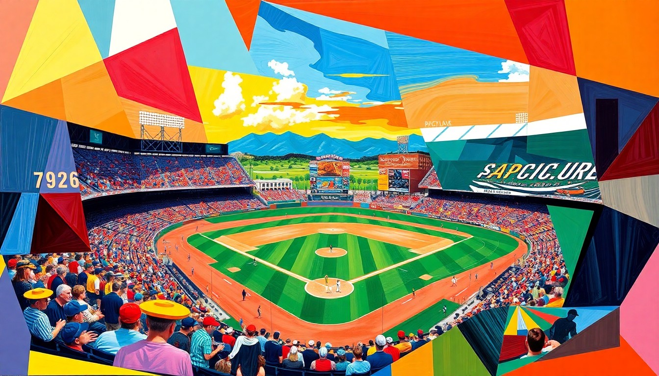 A fragmented, geometric painting in bold team colors representing the Pacific Tigers and Santa Clara Broncos baseball game, with overlapping shapes and planes conveying the intensity and excitement of the comeback victory.