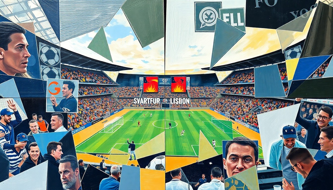 A cubist-style illustration depicting a soccer match between two teams, with the players and field broken down into sharp, overlapping geometric shapes and planes, creating a dynamic and visually striking representation of the game.