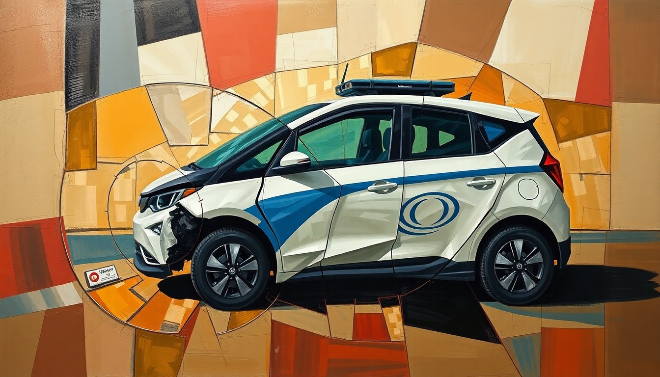 A heavily fragmented, cubist-style painting depicting the shattered remains of a Waymo autonomous vehicle, with the vehicle's components broken down into sharp, angular geometric shapes and planes in a conceptual illustration of the vandalism incidents.