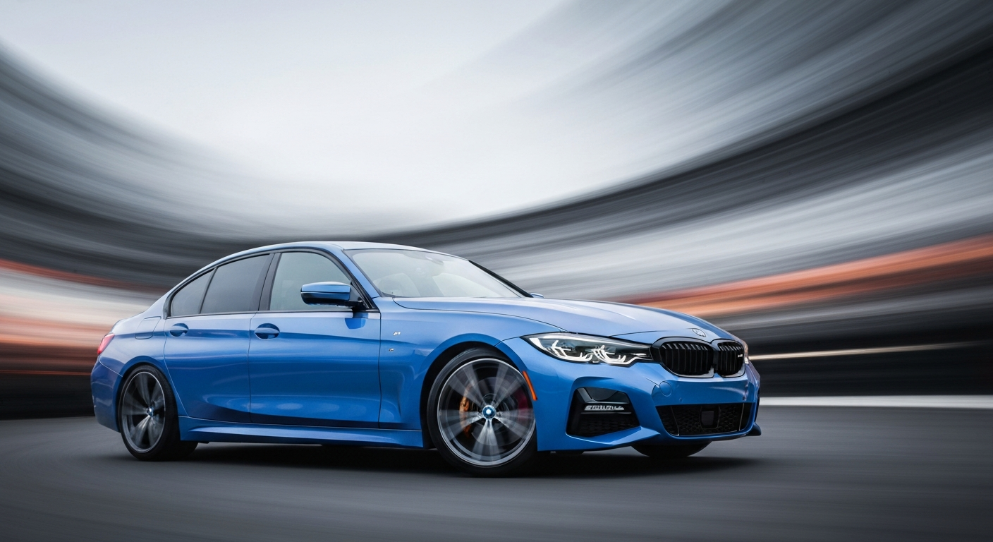 A dynamic, abstract illustration of a BMW 330i sports sedan in motion, with sweeping brushstrokes of vibrant blue, capturing the car's power and speed.