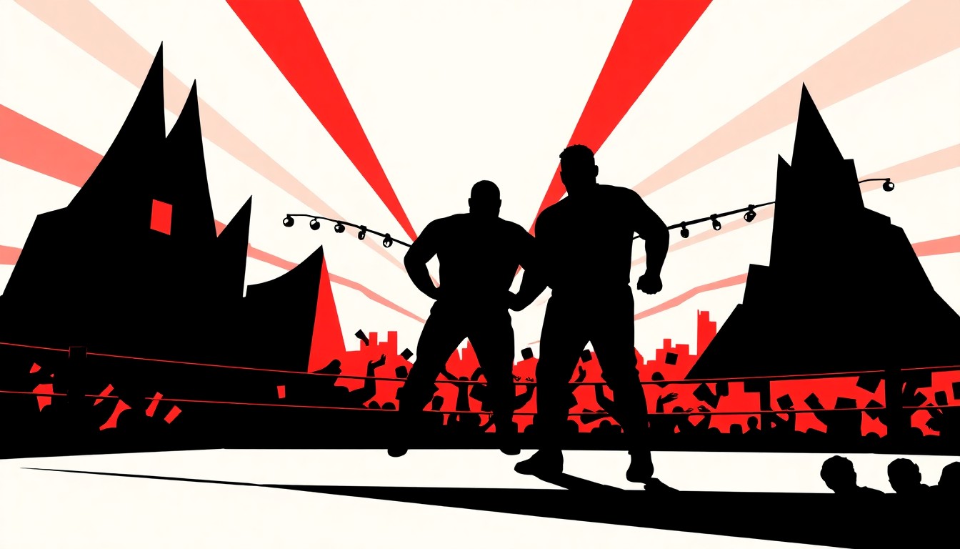 A minimalist, abstract illustration featuring jagged geometric shapes in bold red, white, and black, conceptually representing the energy and spectacle of a pro wrestling event as a destination experience.