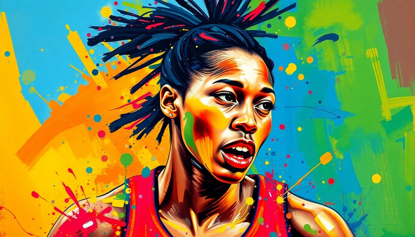 A dynamic, colorful painting featuring rapid, expressive brushstrokes in neon shades of blue, pink, and yellow, abstractly depicting the movement and energy of a basketball player in action.