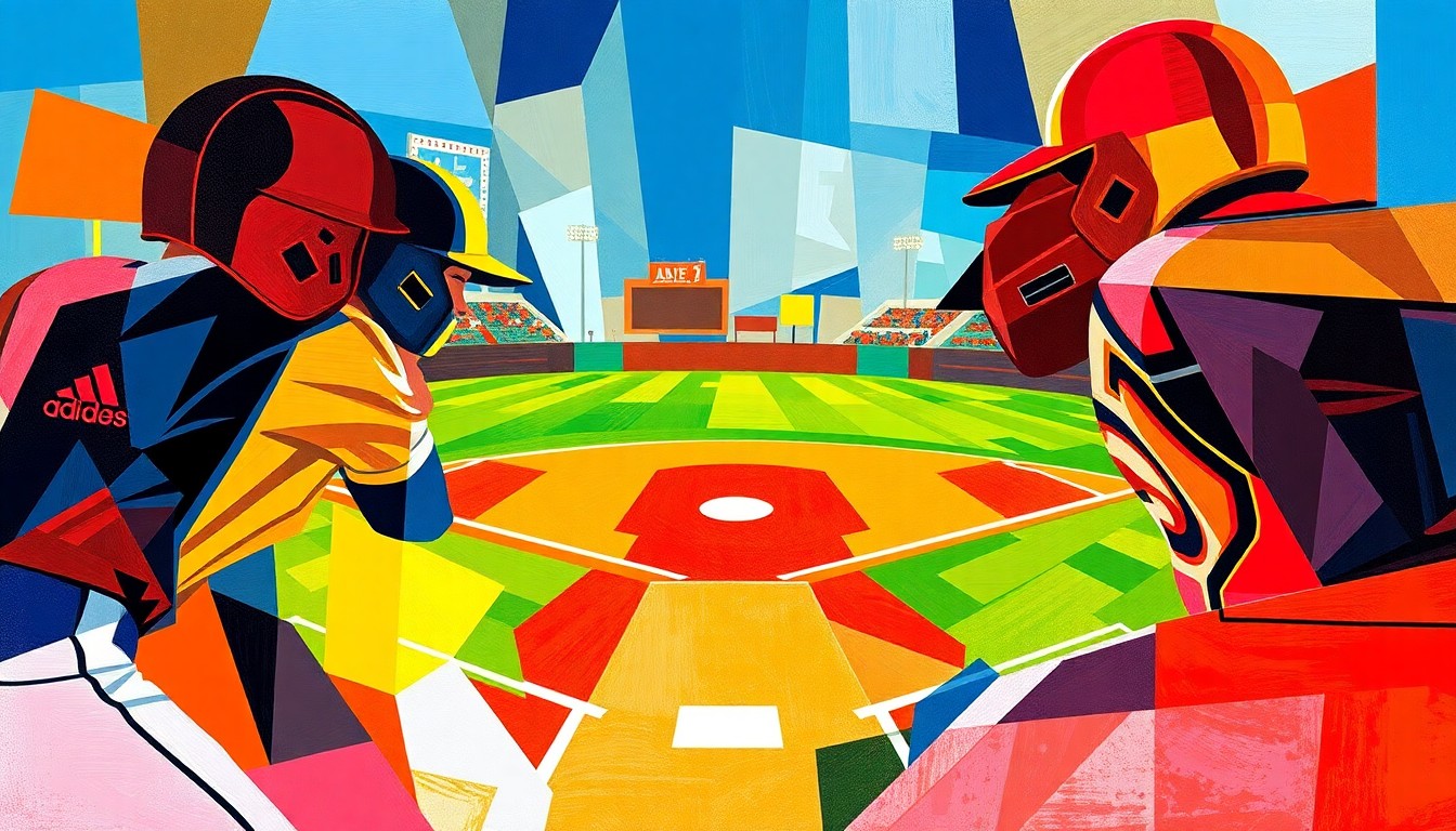 A fragmented, geometric painting in bold colors representing the competitive energy of a high school baseball game between two top teams.
