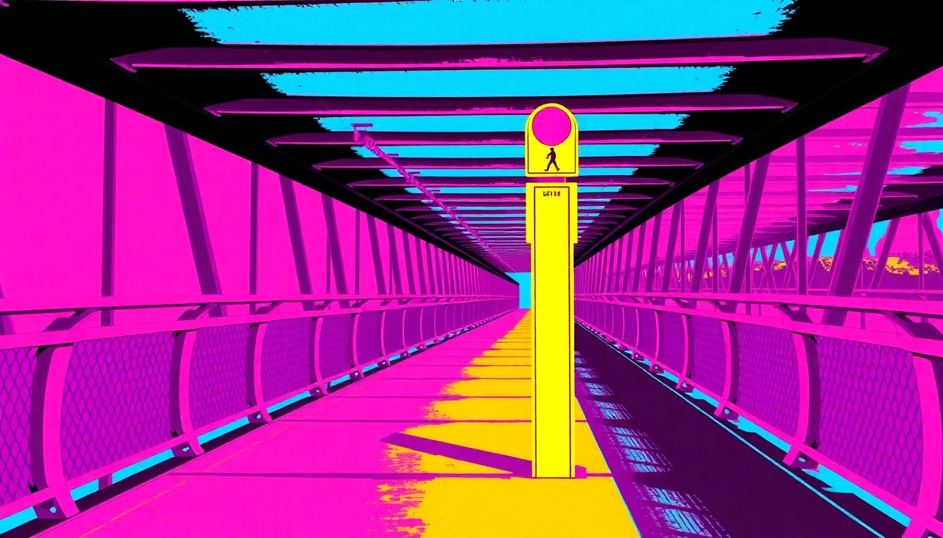 A brightly colored, high-contrast silkscreen print of a pedestrian bridge or trail marker repeated in a tight grid pattern, using flat, vibrant neon colors and heavy black outlines to transform an everyday infrastructure object into a modern pop art piece.