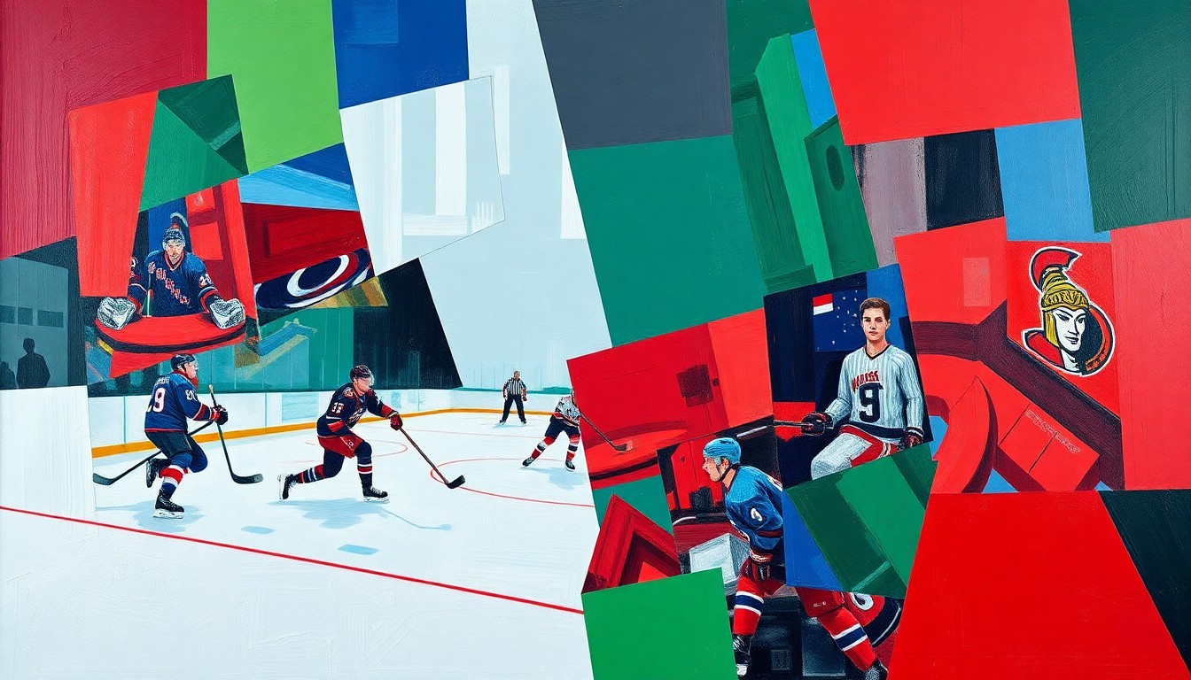 A fractured, multi-perspective painting in bold colors, breaking down a hockey game between the Carolina Hurricanes and Ottawa Senators into sharp, overlapping geometric planes, capturing the intensity and energy of the playoff matchup.