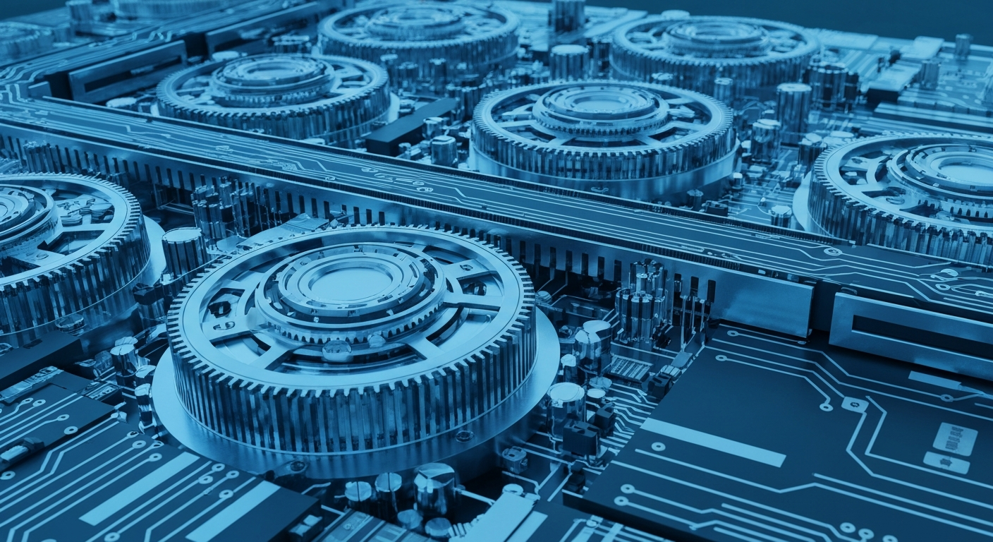 An extreme close-up of the complex internal components of a financial trading terminal, with heavy shadows and industrial textures conveying a sense of the power and complexity of institutional investing.