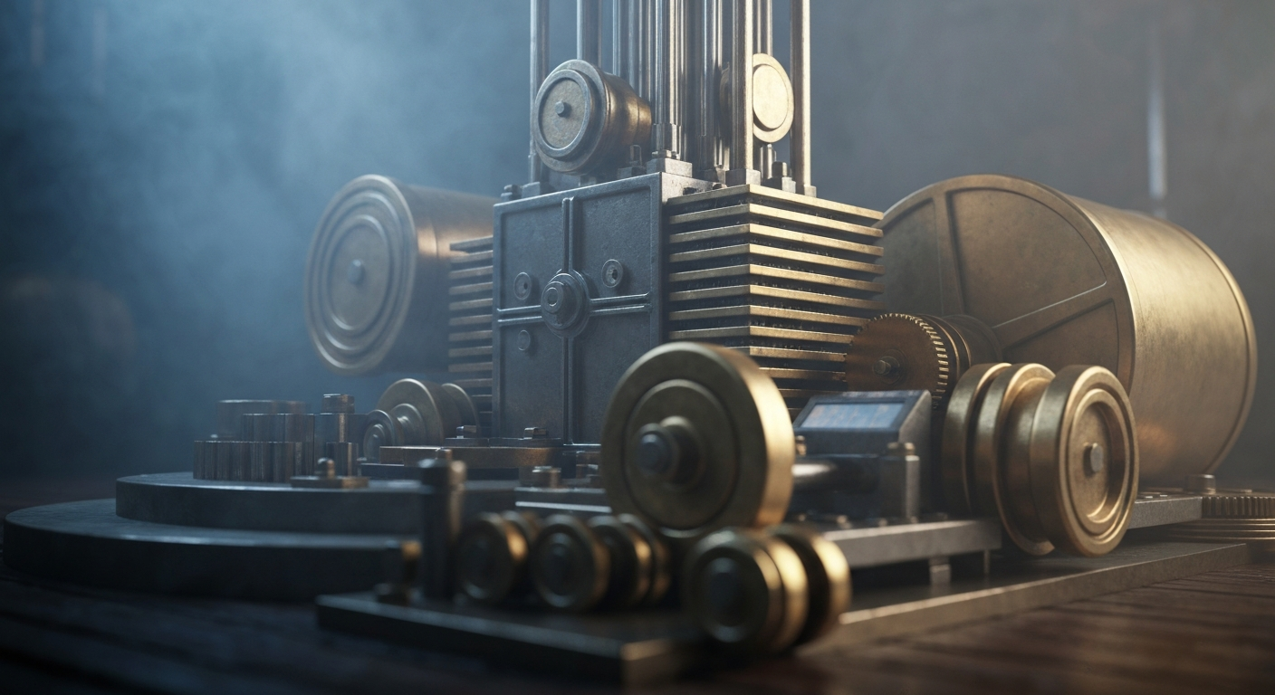 A highly detailed, cinematic close-up of complex, metallic banking machinery and mechanisms, conveying the intricate financial infrastructure underlying social media companies.