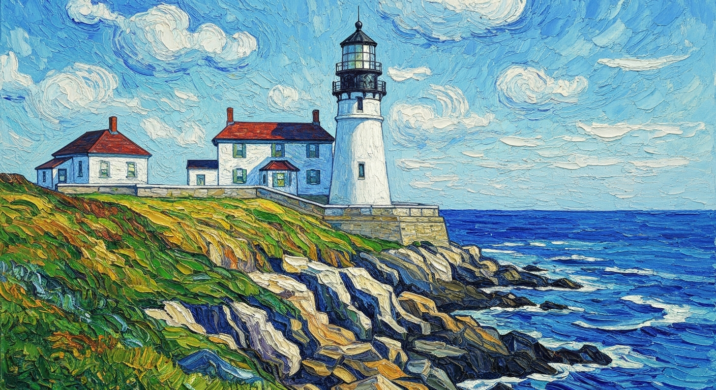 A heavily textured oil painting in the style of Vincent Van Gogh, depicting the iconic Portland Head Light lighthouse set against a dramatic Maine coastline with bold, expressive brushstrokes in a vibrant color palette of blues, greens, and whites.