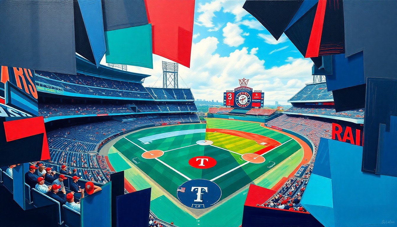 A fragmented, geometric painting depicting the dynamic movements and energy of a baseball game between the Seattle Mariners and Texas Rangers, with sharp planes of navy, teal, red, white, and blue.