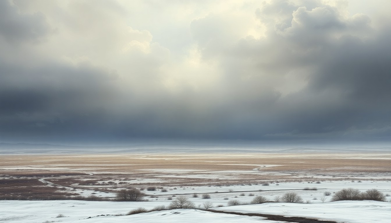 A sweeping, atmospheric landscape painting in muted tones of gray, blue, and white, capturing the overwhelming scale and melancholic mood of a frozen, desolate expanse of land under a heavy, overcast sky.