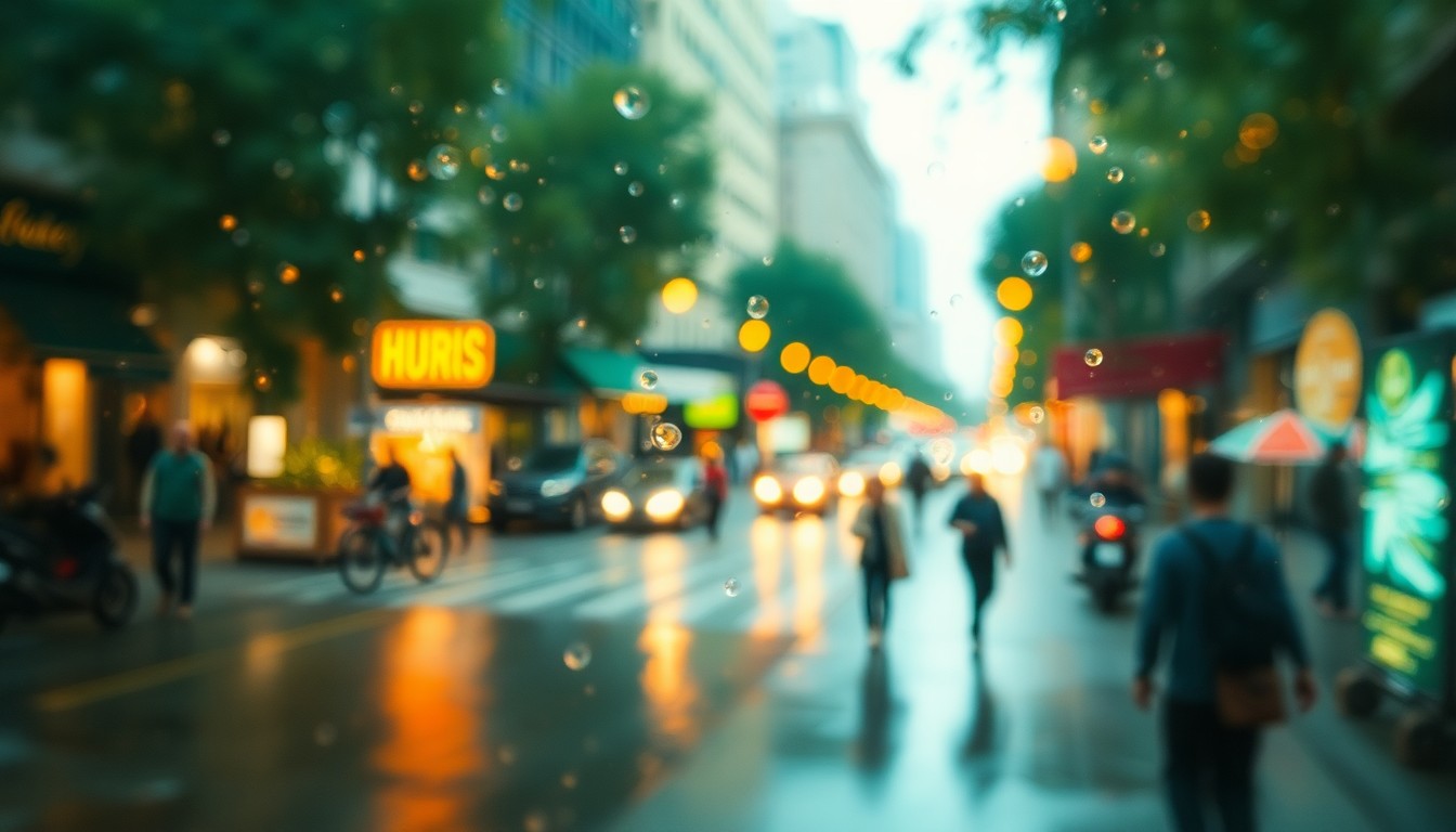 An abstract, out-of-focus scene composed of warm, blurred colors and shapes, suggesting a vibrant, pedestrian-friendly urban environment with a focus on greenery and community spaces.