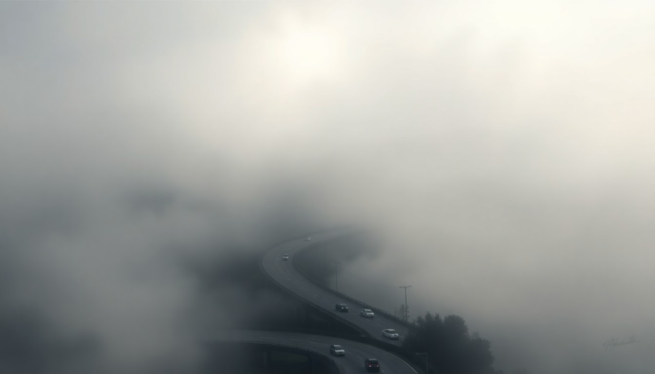 A vast, atmospheric landscape painting depicting a winding highway shrouded in thick, gray fog, with the road and surrounding environment dissolving into the hazy, dramatic scene.