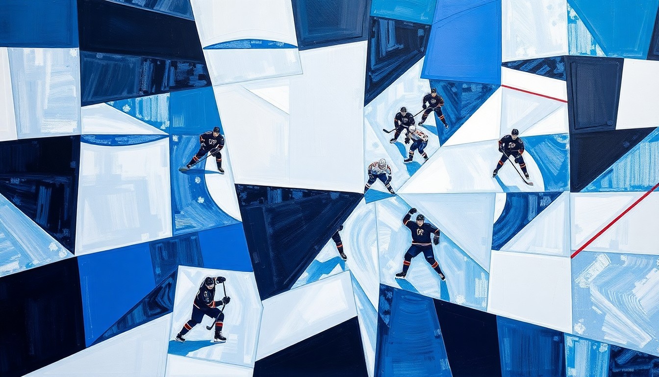 A cubist-style painting depicting a hockey game broken down into sharp, overlapping geometric shapes of ice, players, and equipment in shades of blue, white, and silver, capturing the dynamic energy of the Minnesota Wild's lopsided win over the Dallas Stars.