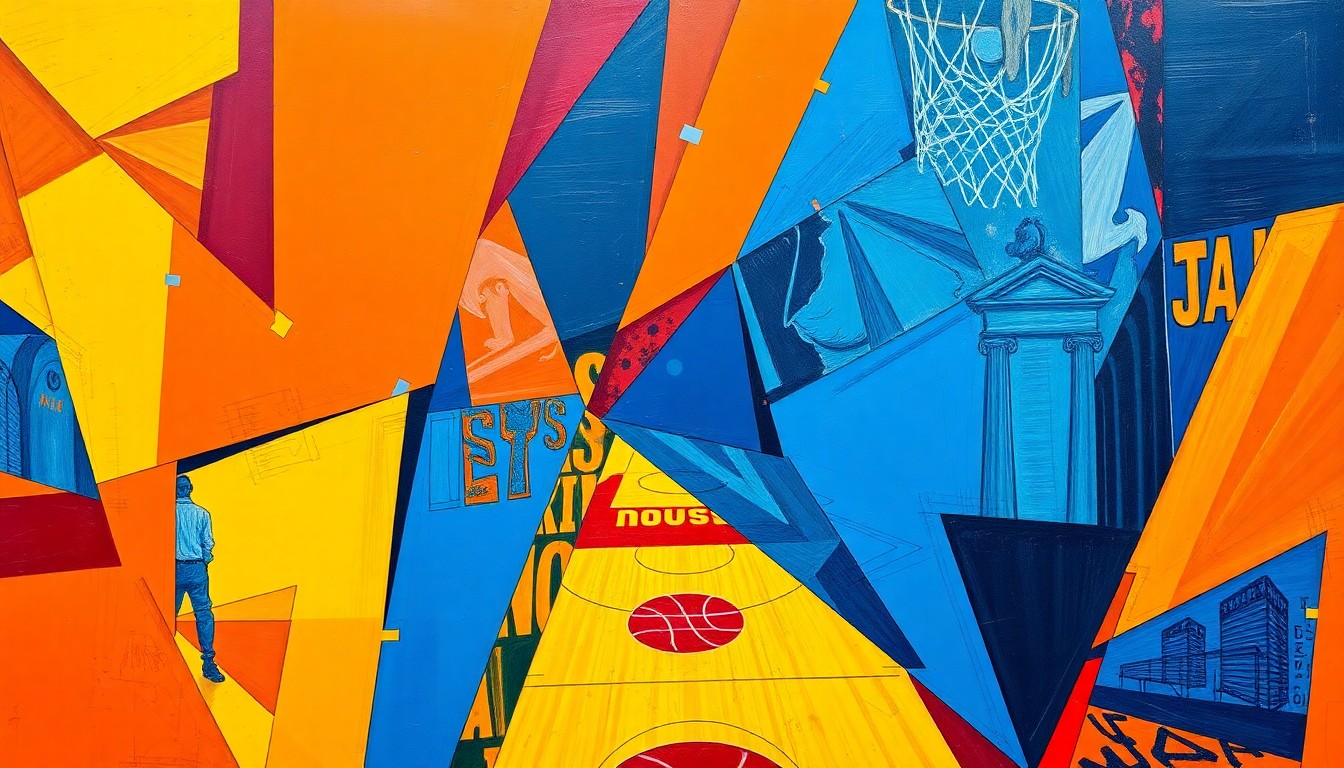 A cubist, geometric painting depicting a basketball game in motion, with the players and court fragmented into sharp, overlapping shapes and planes of vibrant colors.