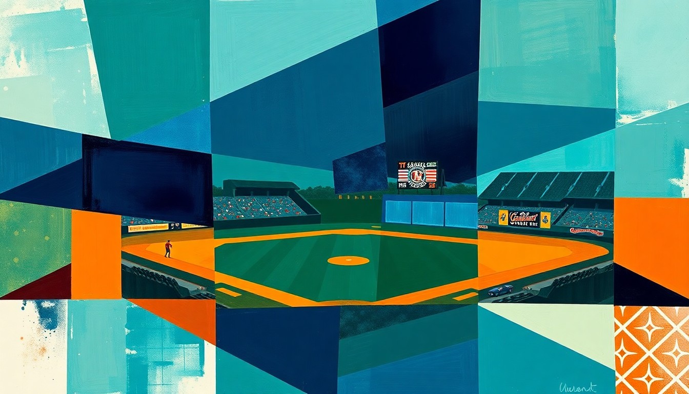 A fragmented, geometric painting in shades of navy, green, and orange, depicting the dynamic movements and overlapping perspectives of a baseball game.