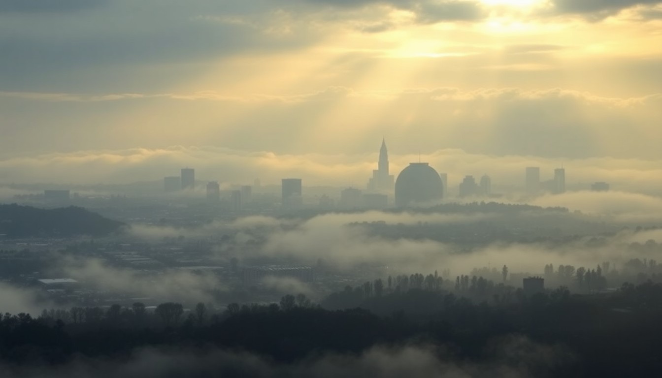 A vast, atmospheric landscape painting depicting the Raleigh skyline shrouded in heavy morning fog, with the cityscape dwarfed by the overwhelming scale of the natural world.
