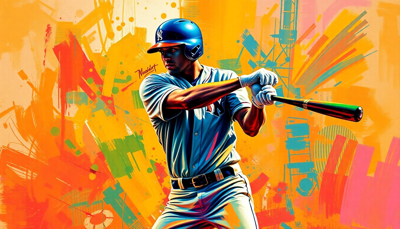 An abstract, expressionist painting with vibrant neon brushstrokes and colors depicting a baseball player mid-swing, capturing the raw energy and power of the game-tying moment.