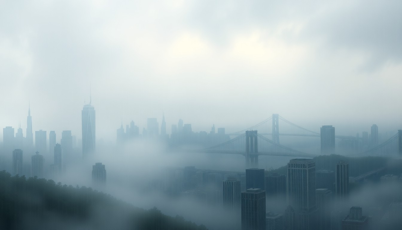 A vast, atmospheric landscape painting in muted tones of gray, blue, and white, depicting the faint outlines of a cityscape shrouded in heavy fog and rain, conveying a sense of the overwhelming power and scale of the natural world.