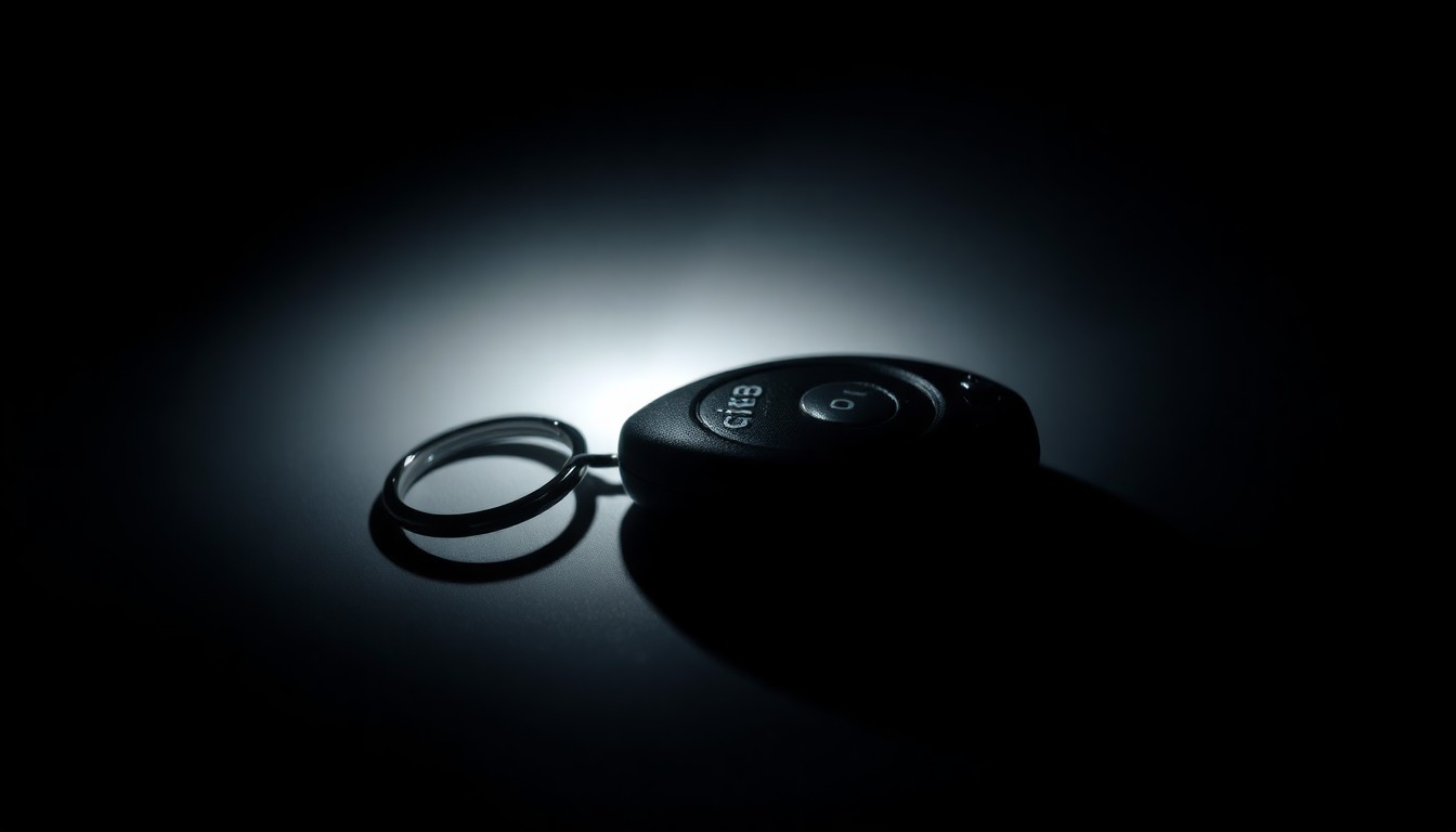 An extreme close-up photograph of a car key fob against a pitch-black background, lit by a harsh, direct camera flash, creating a stark, gritty, investigative aesthetic.