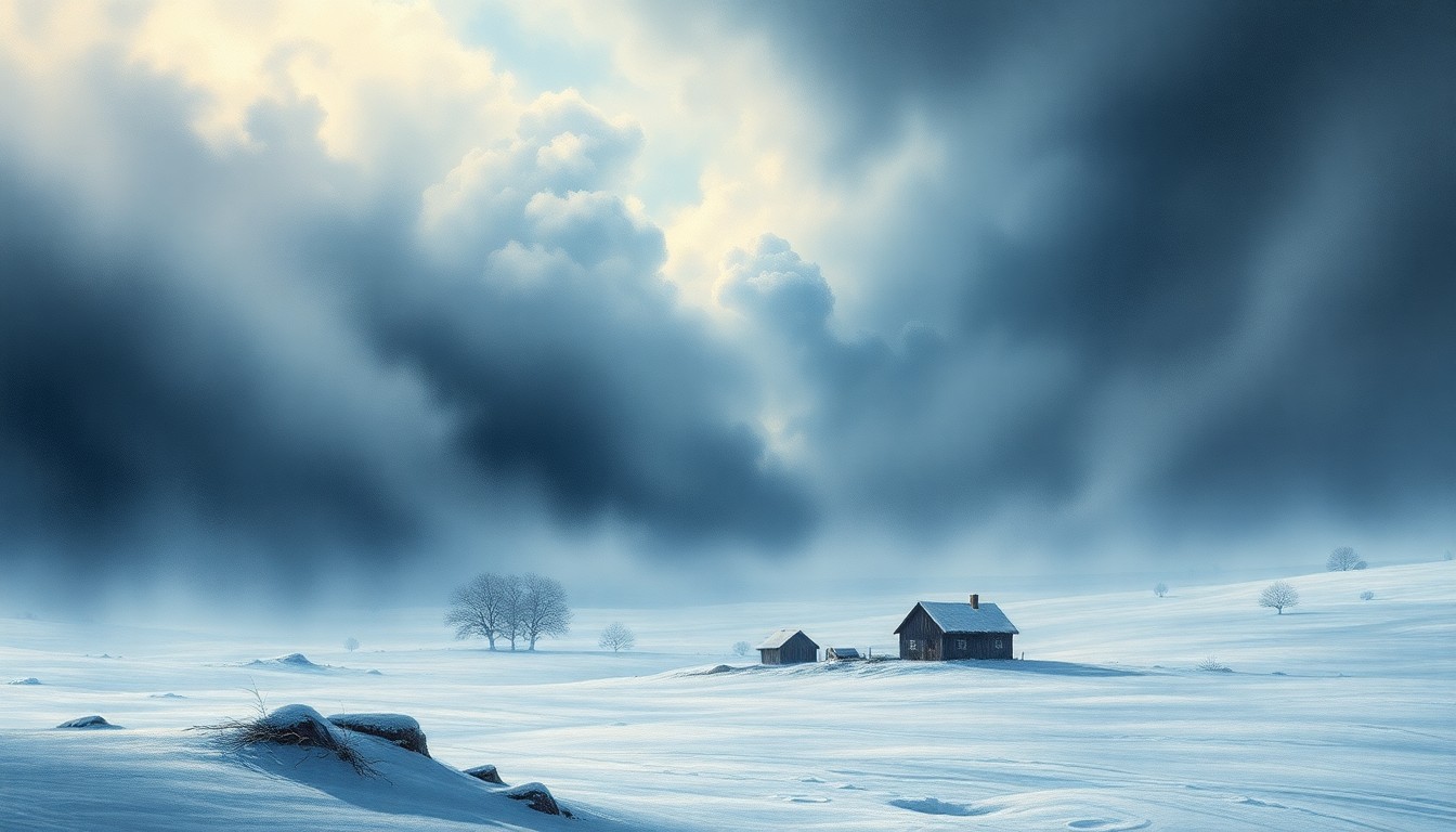 A sweeping, atmospheric landscape painting depicting a massive winter storm, with physical structures and objects dwarfed by the overwhelming power of the weather.